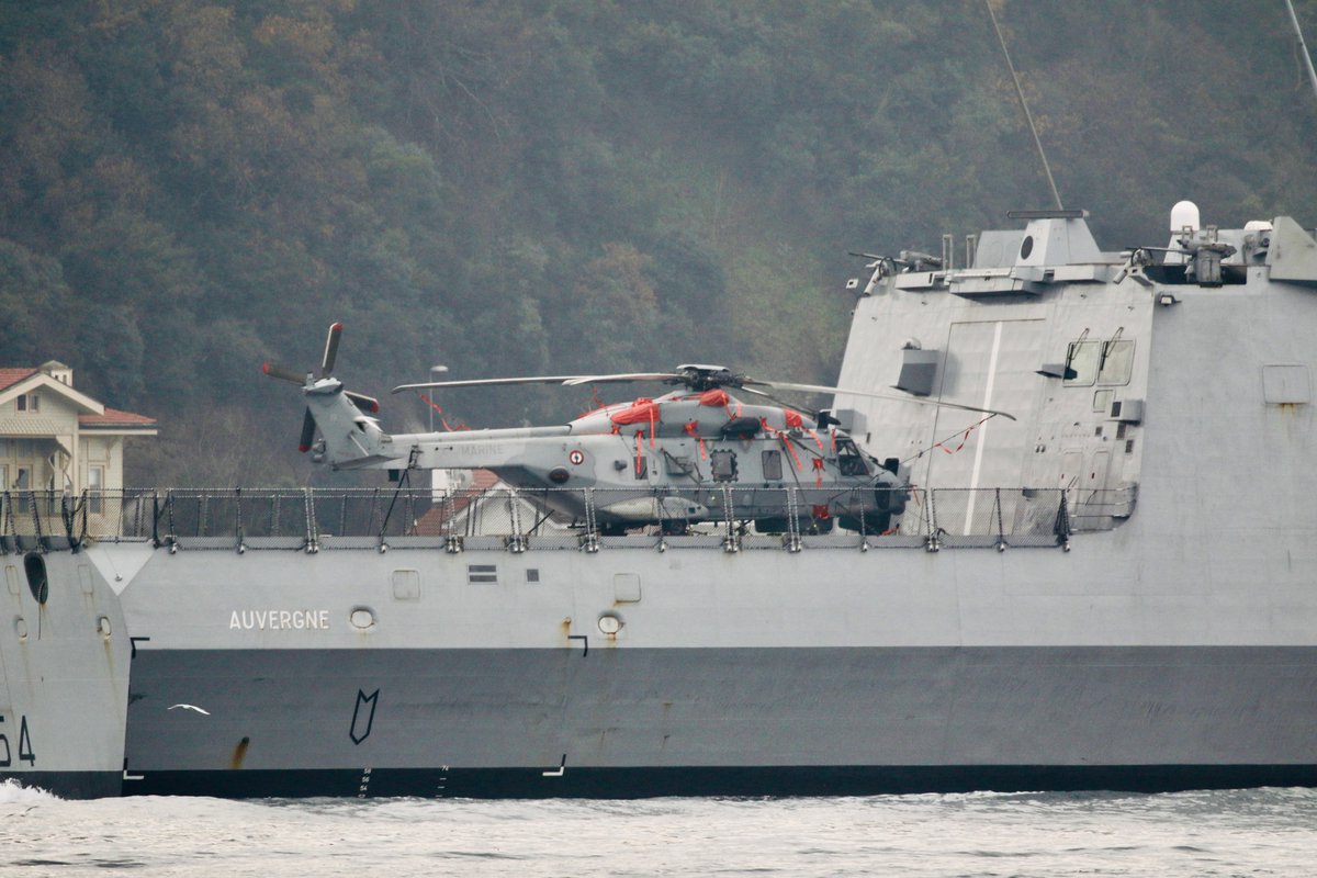 .@MarineNationale's @navalgroup built Aquitaine class frigate (FREMM frégates multi-missions) FS Auvergne D654 transited Bosphorus towards Mediterranean after 19 days in the Black Sea, carrying Aéronautique Navale's NH Industries NH90 NATO Frigate Helicopter  (reg:19 c/n1341)