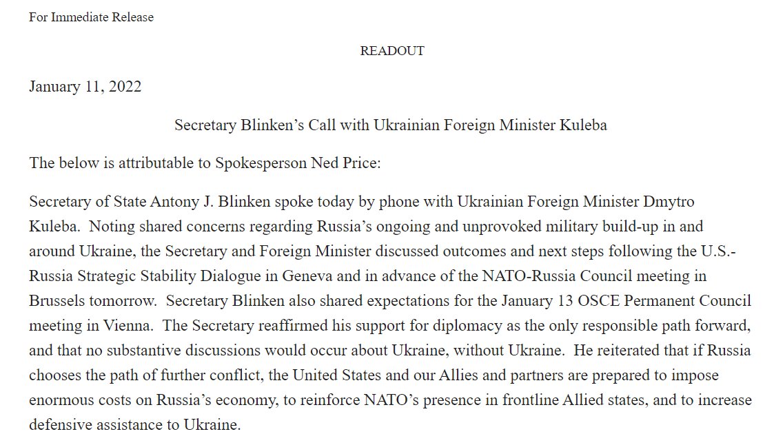 .@SecBlinken & @DmytroKuleba discussed outcomes and next steps following the U.S.-Russia Strategic Stability Dialogue in Geneva and in advance of the NATO-Russia Council meeting in Brussels, per @StateDeptSpox