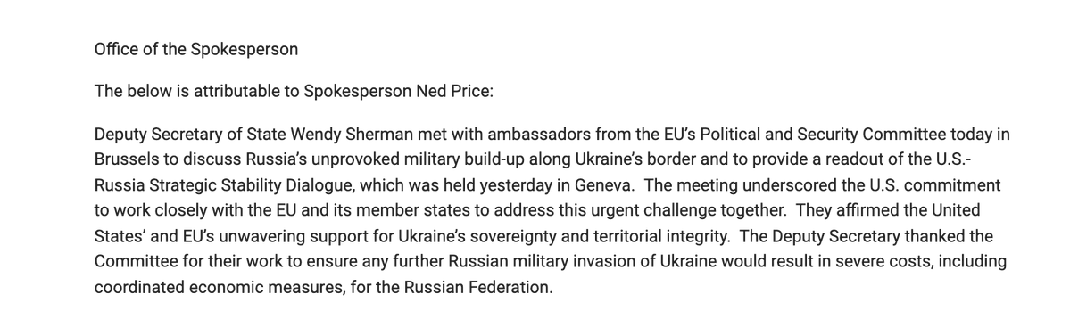 Day 2 of Deputy Secretary of State Wendy Sherman's meetings on Ukraine.  The meeting underscored the U.S. commitment to work closely with the EU and its member states to address this urgent challenge together