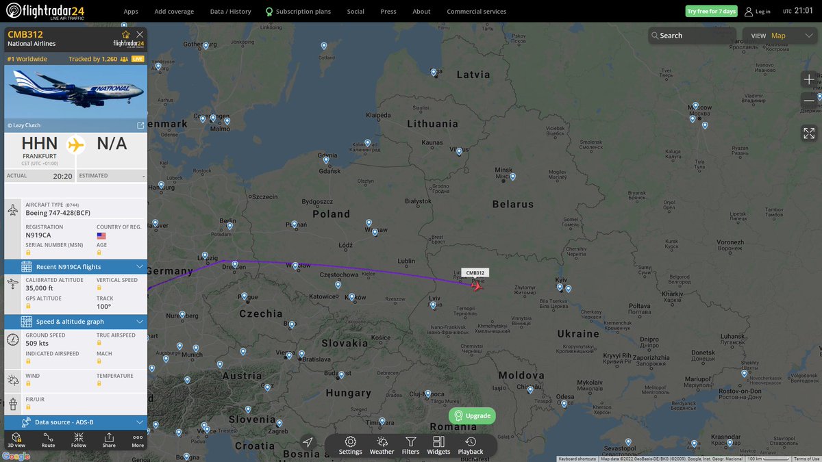 US Transportation Command Camber Flight (National Airlines 747 N919CA) en route to Kyiv Ukraine