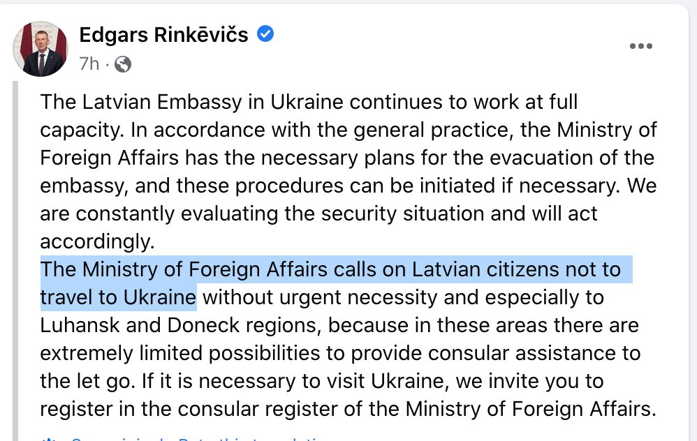 Minister spraw zagranicznych Łotwy Edgars Rinkevićs poprosił swoich obywateli, aby nie podróżowali na Ukrainę