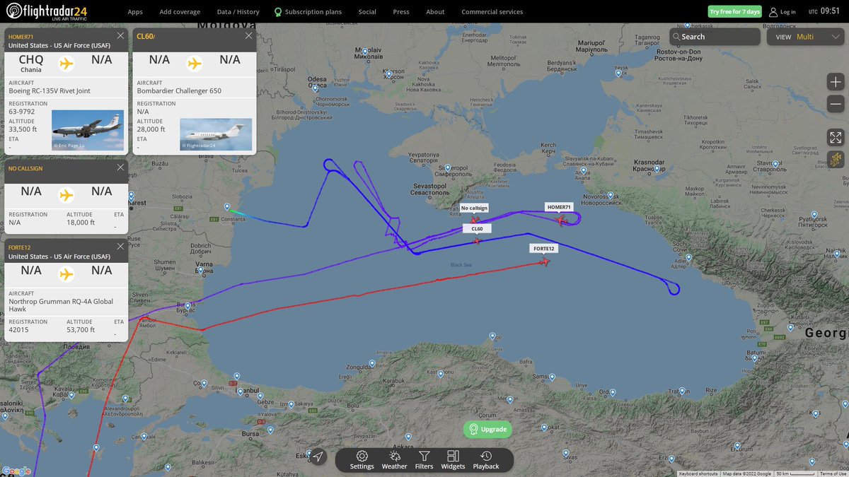 Reconnaissance over Black Sea: USAF CL600 ARTEMIS BRIO68 -USAF RQ4 Global Hawk FORTE12 -USAF RC-135V Rivet Joint HOMER71 -US Navy P8 Poseidon AE6793