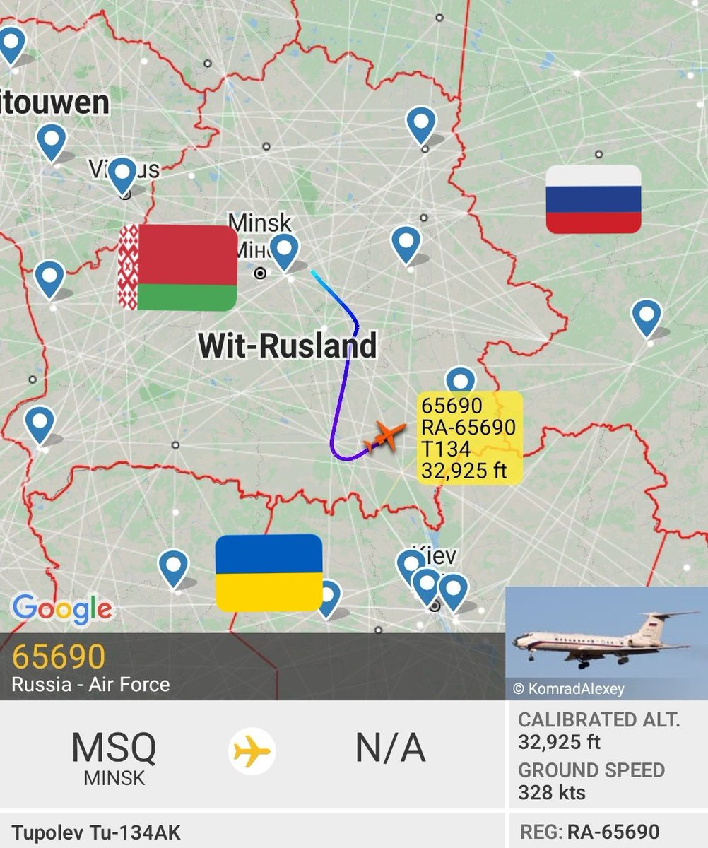 Another Russian Air Force aircraft up. Looks like this Tupolev Tu-134AK has some ISR sensors on the back RA-65690 was last tracked on Flightradar24 heading into Belarus on 12 Aug 2020.  Patrolling Ukraine - Belarus border region