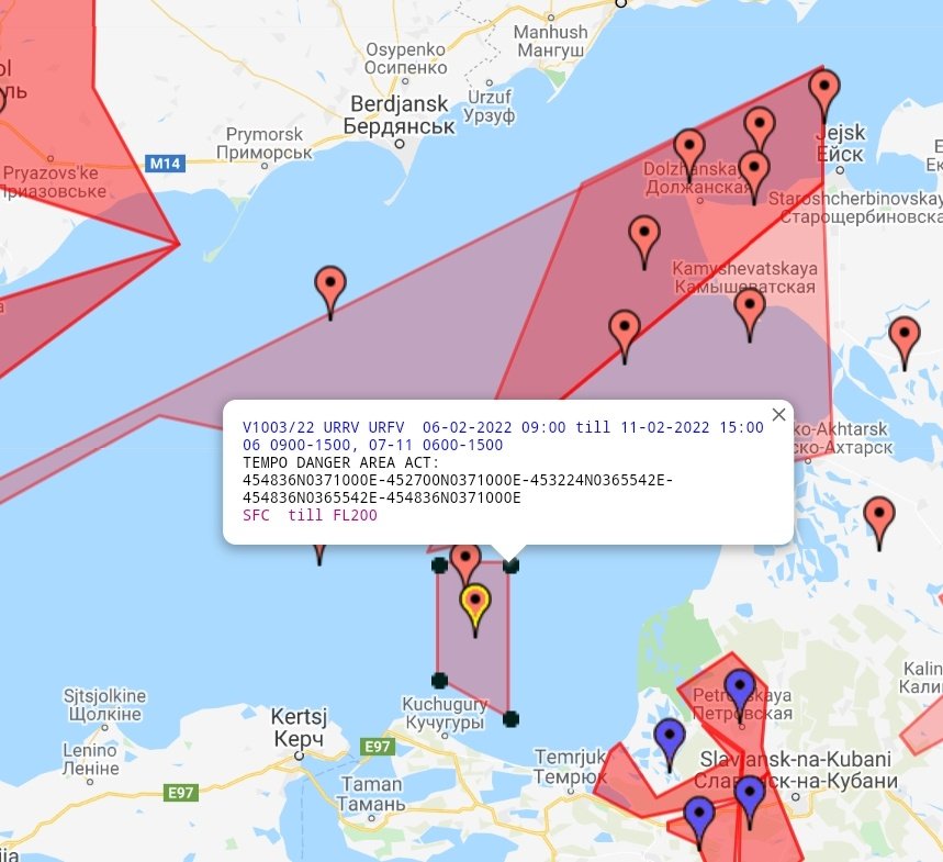 Interesting NOTAMs for the Sea of Azov, going active on the 6th and 7th. The smaller one has a corresponding NAVWARN for Naval training.  Normal AF training activities in this area is usually in fixed area NOTAMs e.g for URR-624, so this is not routine activity