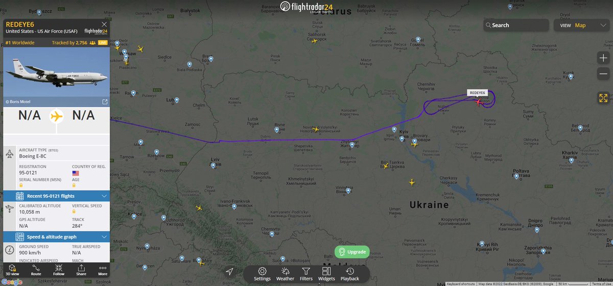 The US Air Force E-8C Joint STARS aircraft is monitoring the Bryansk-Gomel route