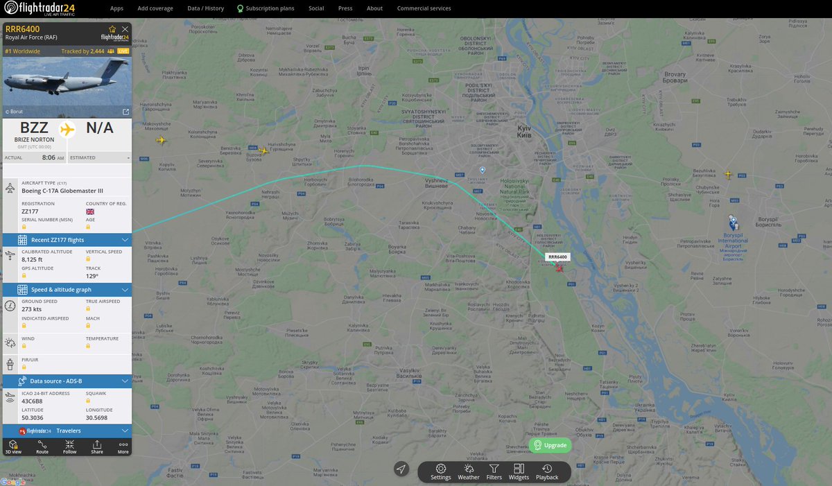 Royal Air Force (RAF) Boeing C-17A Globemaster III RRR6400 from Brize Norton over Kyiv