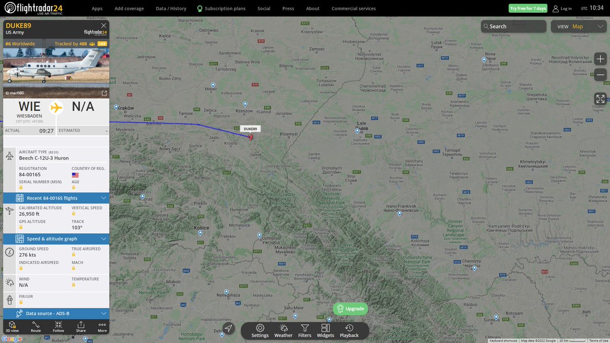 US Army C-12U-3 Huron DUKE89 en route to Ukraine