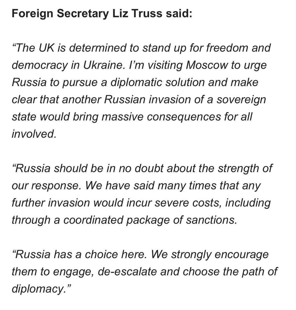 .@trussliz is flying to Moscow today on 2-day trip to discuss Ukraine crisis - 1st visit by a UK foreign secretary in more than 4 years. She'll urge Kremlin to pursue diplomatic solution & say further invasion would bring massive consequences for all involved