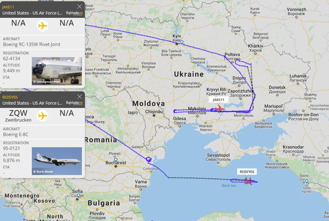 Boeing RC-135W Rivet Joint  JAKE11 and Boeing E-8C Joint STARS REDEYE6 on reconnaissance missions 