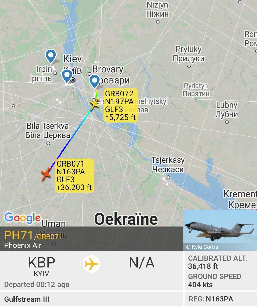 Two Phoenix Air Gulfstreams III N163PA N197PA visited Kyiv Boryspil in Ukraine last night and are returning now. Could be evacuating American staff