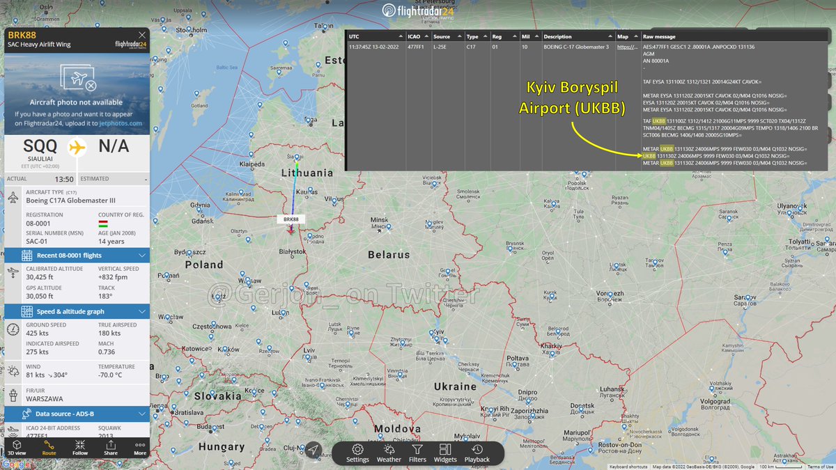 Another NATO C-17A Globemaster III flying from Siauliai, Lithuania, to Kyiv Boryspil Airport, Ukraine, ACARS suggests: 01/BRK88.  This flight may contain military support by Lithuania