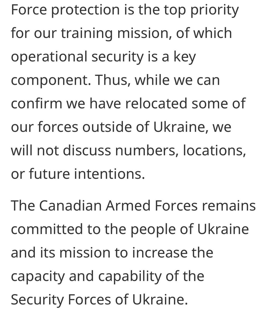 Canada pulls troops out of Ukraine: As a result of the complex operational environment linked to Russia's unwarranted aggression against Ukraine, the Canadian Armed Forces is in the process of temporarily relocating components of Joint Task Force—Ukraine to elsewhere in Europe