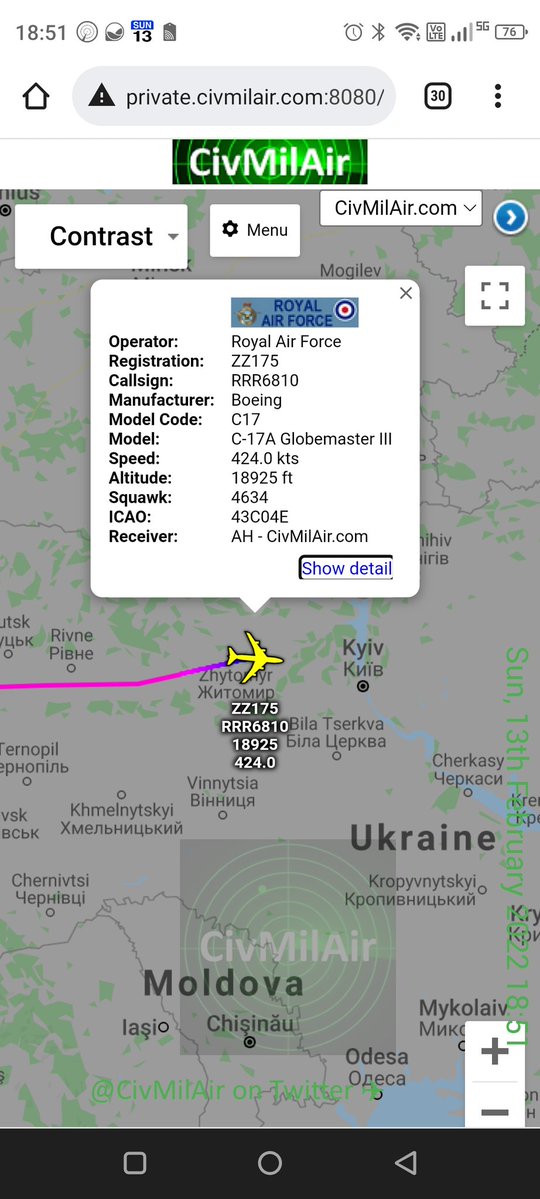 Inbound Kyiv Ukraine: UK Royal Air Force C17 Globemaster ZZ175 RRR6810