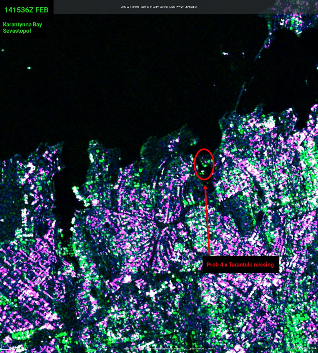 Fresh Sentinel-1 SAR-imagery of Sevastopol, at 1536z today, shows that a number of BLKFLT ships have gone to sea since yesterday.  At least 4 x warships, 3-4 LSTs and prob 4 Tarantuls have left their moorings. Also several auxiliaries missing and Coast Guard pier is empty