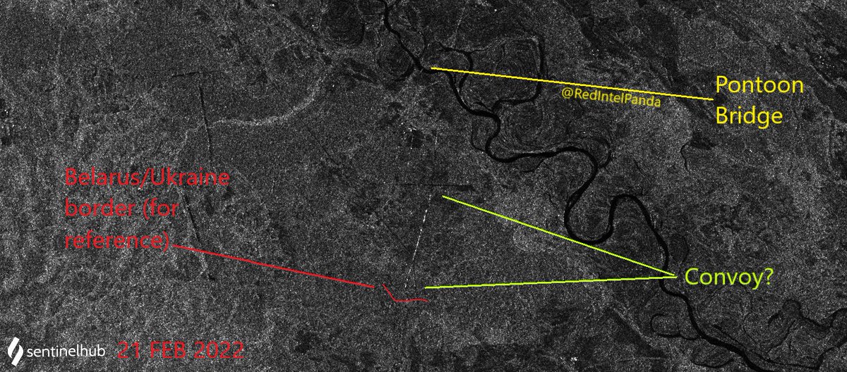 On today's Sentinel-1 pass (21 Feb), the line likely to be a convoy is larger and closer to the Ukraine border.  The pontoon bridge is still in place on the Belarus side.  The southern end of the convoy is 0.3 mi (0.48km) from the border