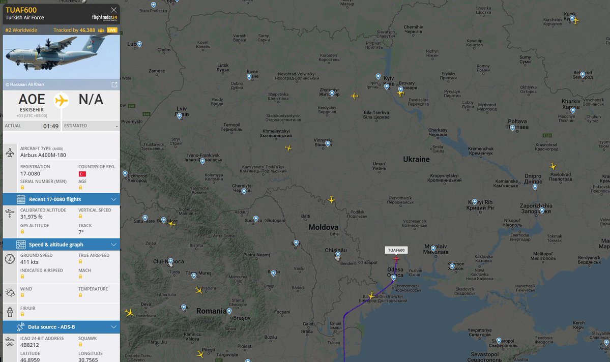 Two Turkish Air Force Airbus A400M entered Ukrainian airspace. Looks like first one heading to Kyiv