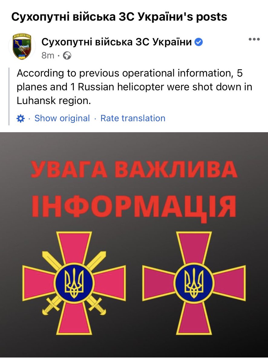 Ukrainian military says it shot down 5 Russian planes and Russian helicopter in Eastern Ukraine, Luhansk