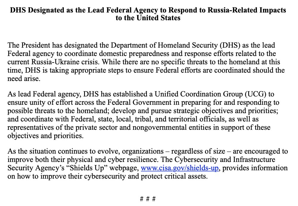 .@POTUS makes @DHSgov lead agency for coordinating preparedness & response efforts related to the current Russia-Ukraine crisis  While there are no specific threats to the homeland at this time, DHS is taking appropriate steps.should the need arise per statement