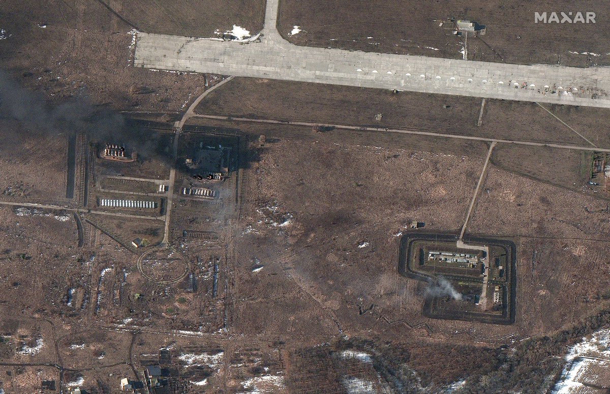 Aftermath of some of the strikes seen in latest satellite images from 24 Feb. Shows damage to fuel storage areas and other airport infrastructure at the Chuhuiv airfield, eastern Ukraine.  Image: @Maxar