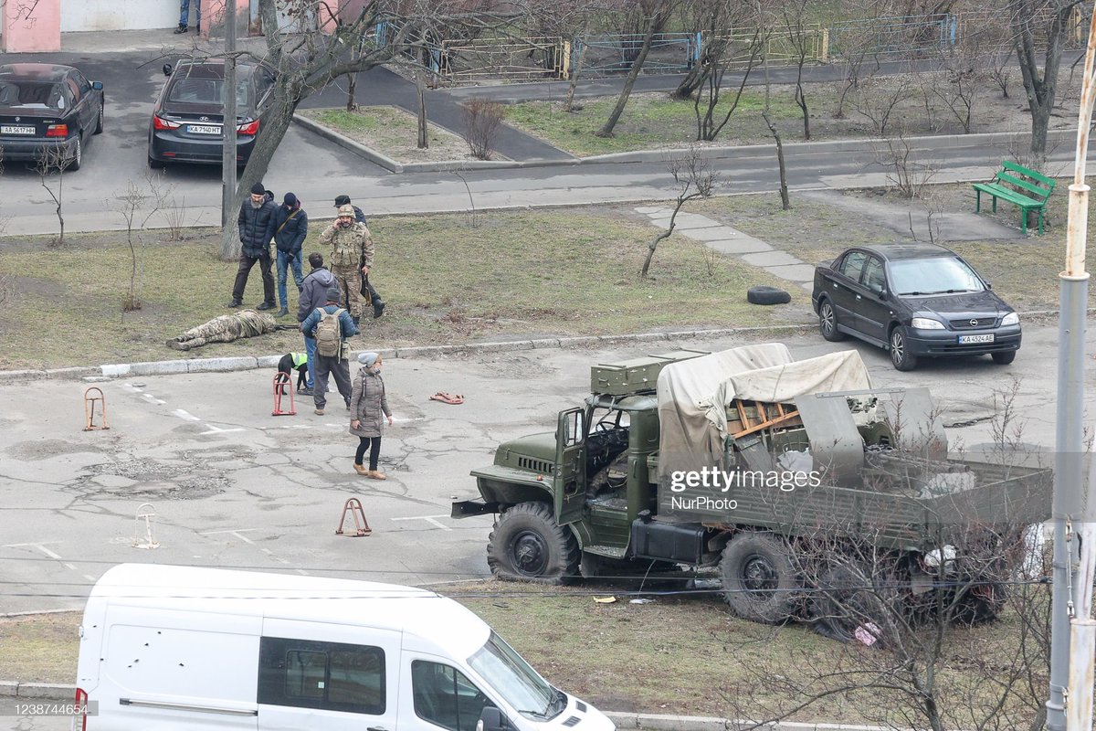 Military vehicle with russian saboteurs shot by Ukrainian forces of Territorial Defence in Kyiv, Ukraine, February 25, 2022. (Photo by Sergii Kharchenko / NurPhoto via Getty Images)
