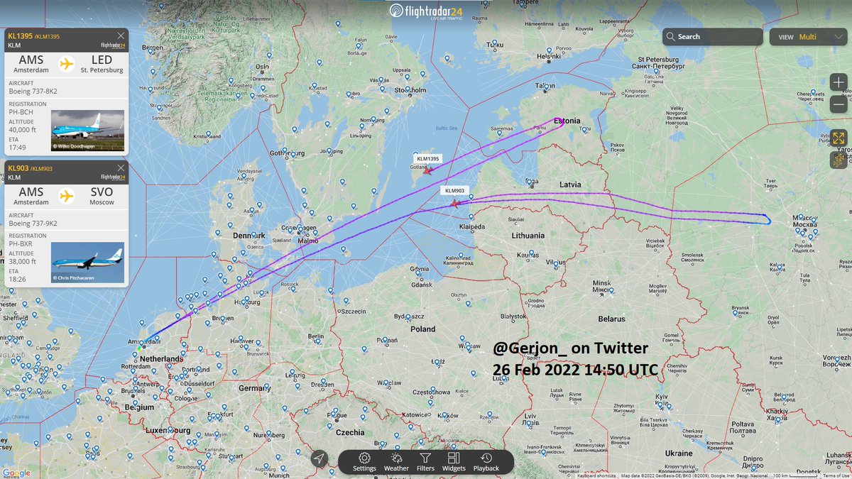 Two KLM flights to destinations in Russia have turned around and seem to be returning home