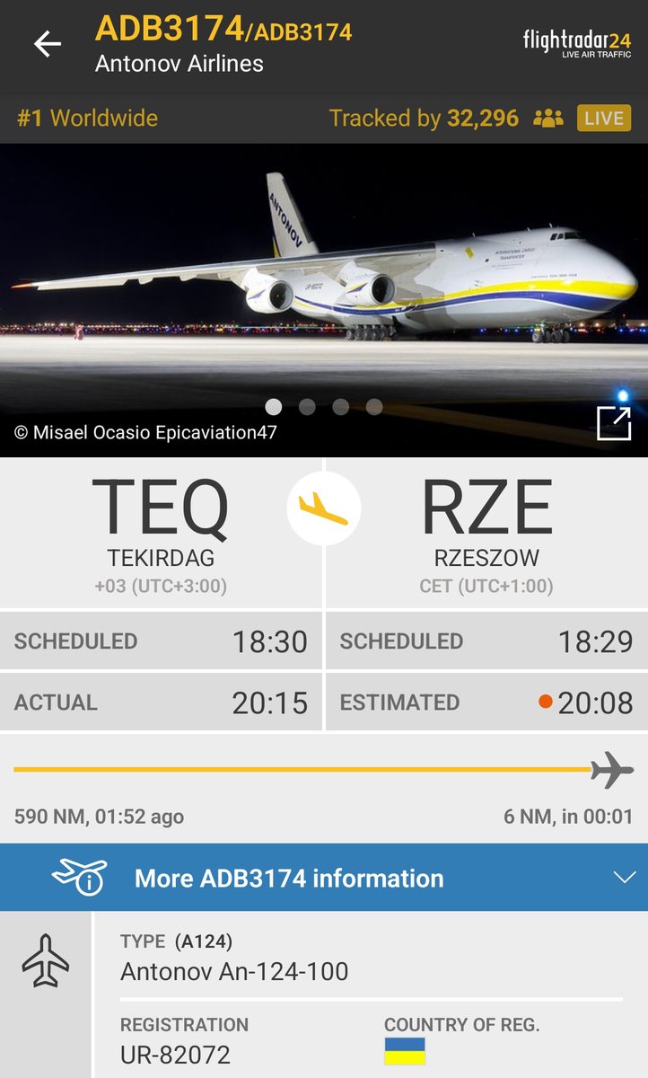 An Antonov Airlines Antonov An-124 (reg. UR-82072 as ADB3174) from Tekirdag Corlu Airport (known for its Bayraktar TB2 delivery flights) is currently landing at Rzeszów-Jasionka Airport in Poland, the likely military hub for Ukraine, a Bayraktar TB2 operator