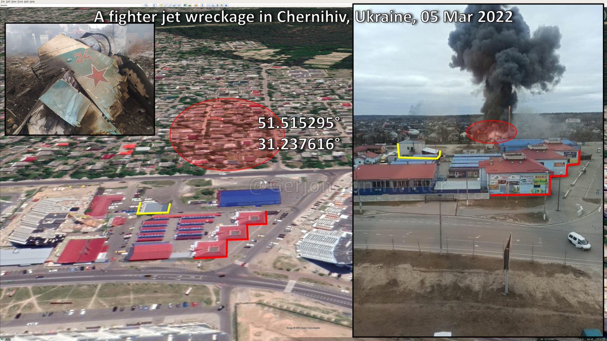 Geolocation of a Russian fighter jet that crashed into a residential area in Chernihiv, Ukraine today:  Around 51.515295°, 31.237616° 