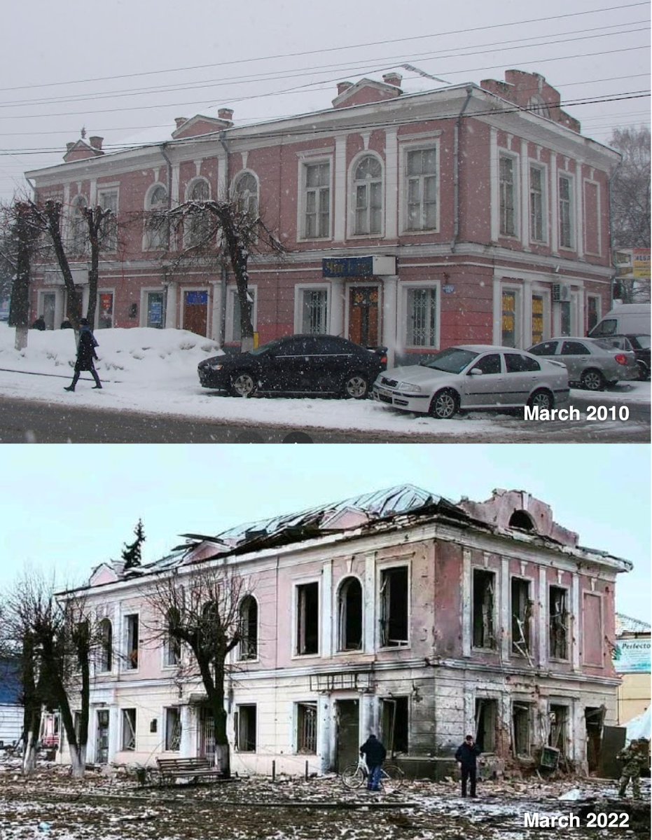 Местонахождение музея, сильно поврежденного ударами, в Ахтырке, Украина: 50.3046154, 34.8928959. Изображения ниже были сделаны с разницей в 12 лет (март 2010 и март 2022 года)