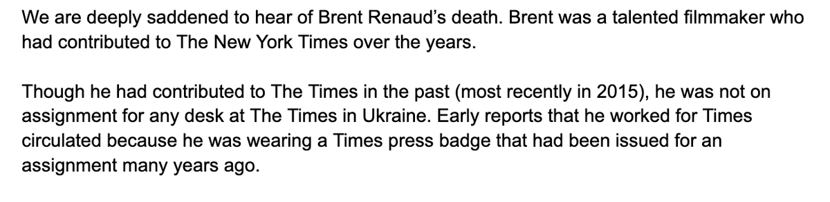 Odpowiedź rzecznika New York Timesa na śmierć Brenta Reno na Ukrainie