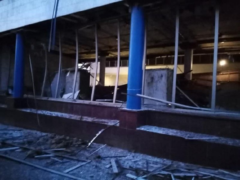 Shockwave damaged entrance to Lukianivska metro station in Kyiv