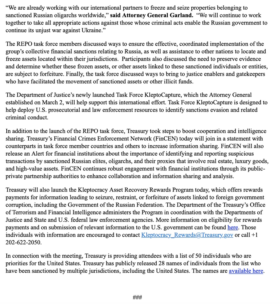 US launches task force to raise the costs for Russia's oligarchs  Effort includes Australia, Canada, @EU_Commission, Germany, Italy, France, Japan & Britain