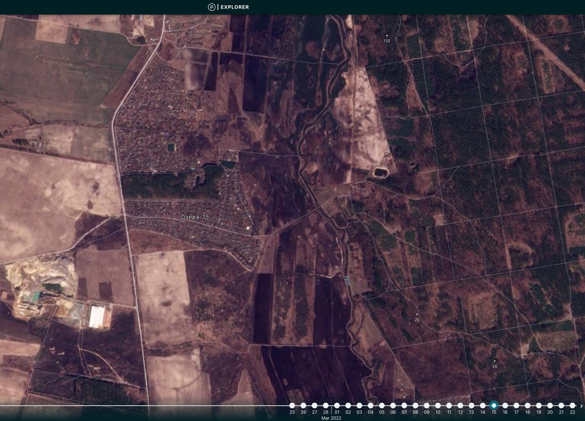 Objętość i szerokość rzeki Irpin na północ od Gostomel wydaje się rosnąć z dnia na dzień. Nagrania ukraińskich dronów z północy Moshchun przeciwko @planet. Zdjęcia 15 i 21