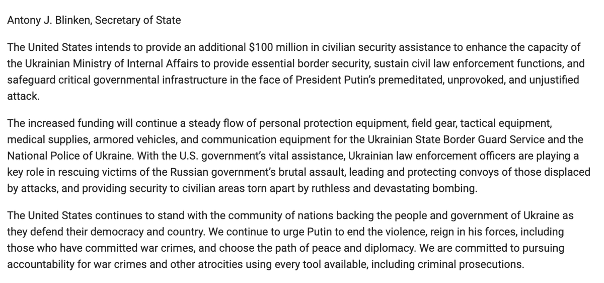 @SecBlinken ogłasza, że Stany Zjednoczone przekażą „dodatkowe 100 mln dolarów na pomoc bezpieczeństwa cywilnego w celu zwiększenia zdolności Ministerstwa Spraw Wewnętrznych Ukrainy