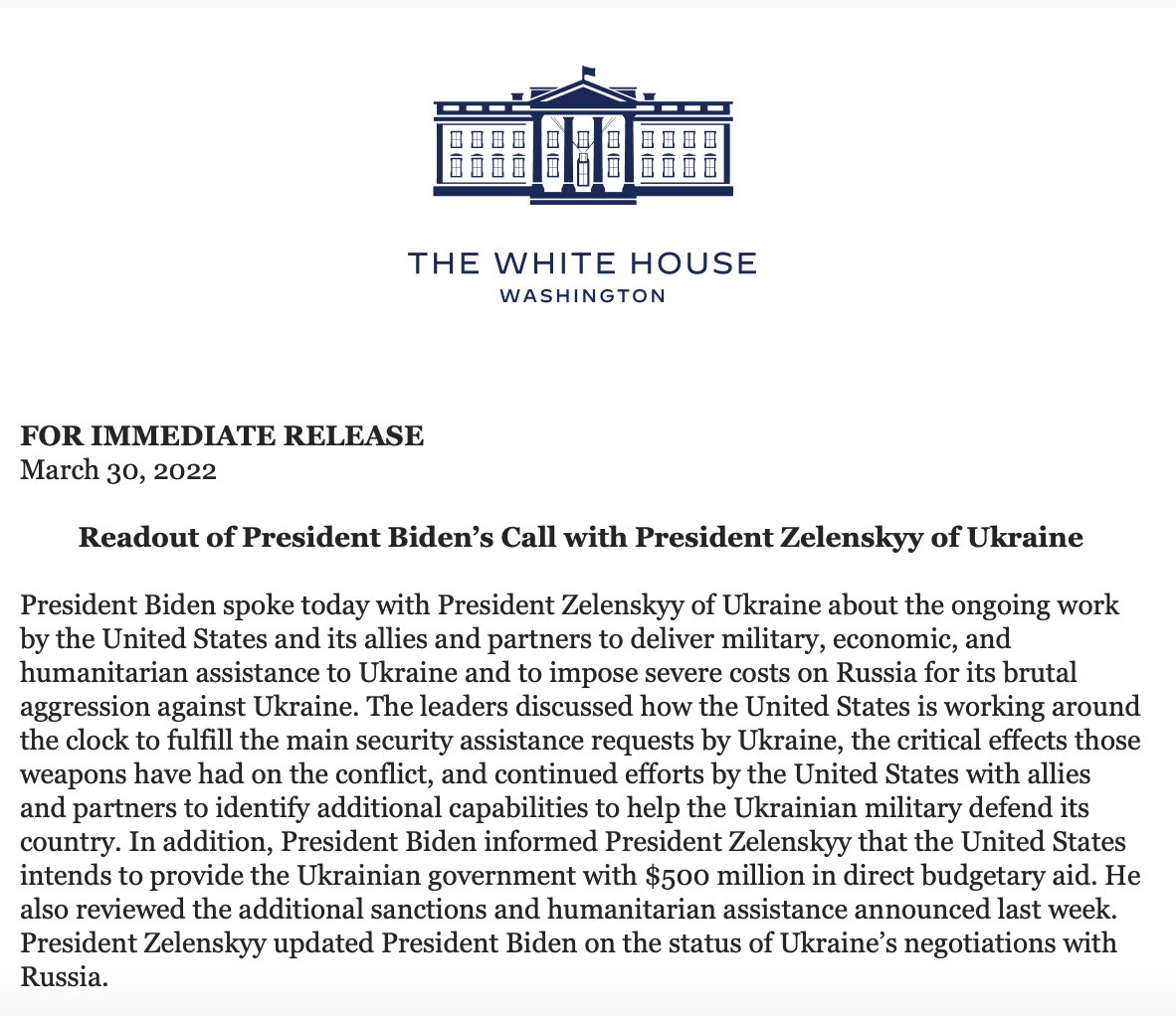 Байден сообщил Зеленскому, что США намерены предоставить Украине дополнительные 500 миллионов долларов помощи