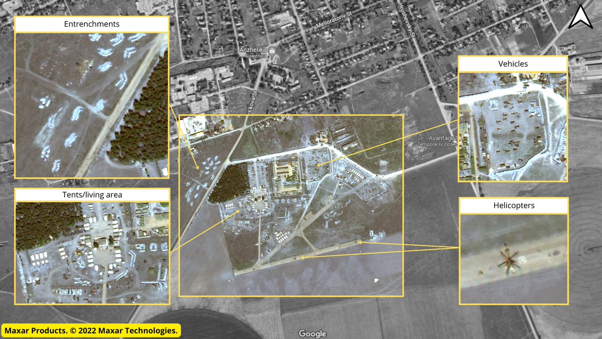 Zdjęcia satelitarne z @Maxar pokazują, że wojska rosyjskie rozbiły obóz na Ukrainie na lotnisku Czaplinka w obwodzie chersońskim. Do obozu przywieziono helikoptery i pojazdy, kopano okopy
