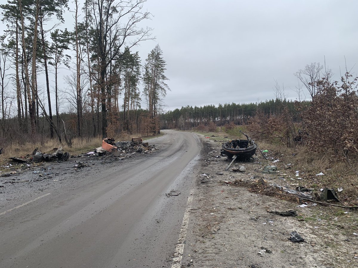 Destroyed Russian military convoy near Dmytrivka village near Irpin