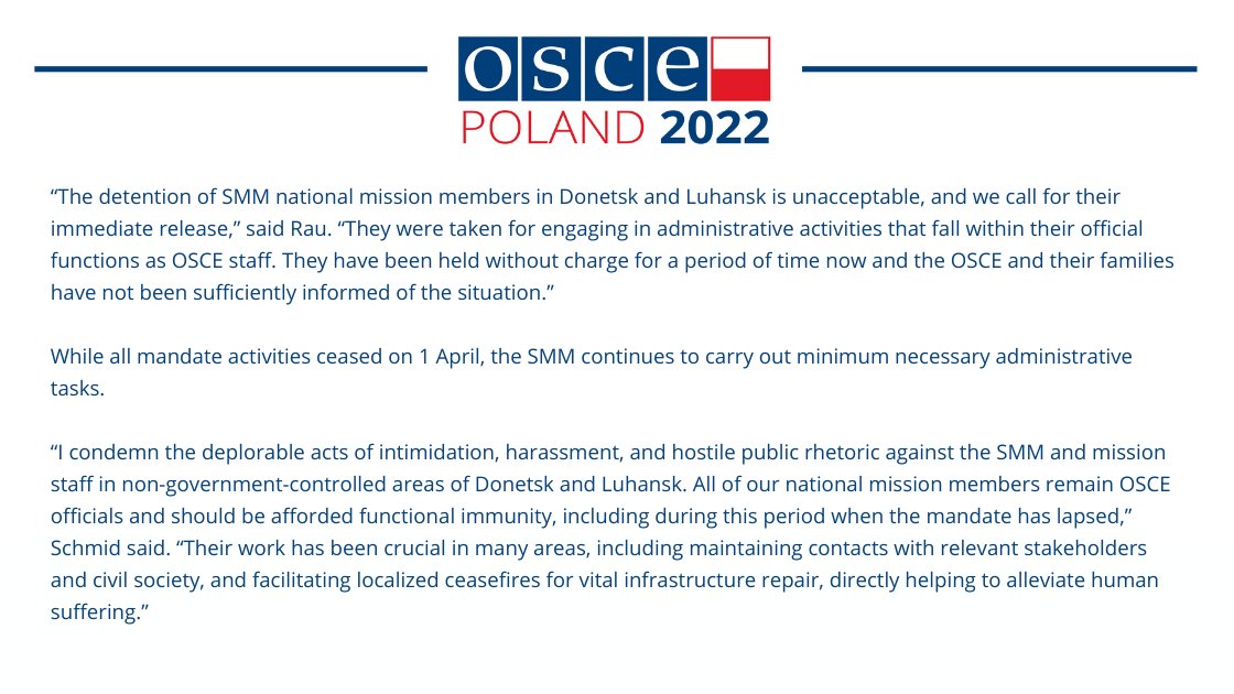OSCE के अध्यक्ष-इन-ऑफिस @RauZbigniew और OSCE महासचिव @HelgaSchmid_SG ने डोनेट्स्क और लुहान्स्क के गैर-सरकारी-नियंत्रित क्षेत्रों में हिरासत में लिए गए @OSCE_SMM के चार राष्ट्रीय सदस्यों की रिहाई का आह्वान किया।