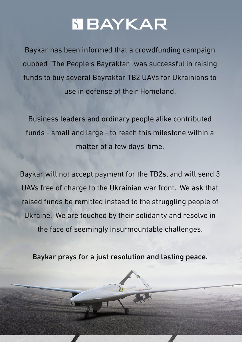 Baykar безкоштовно надасть Україні 3 дрони TB2 та попросить витратити зібрані українцями гроші на інші потреби