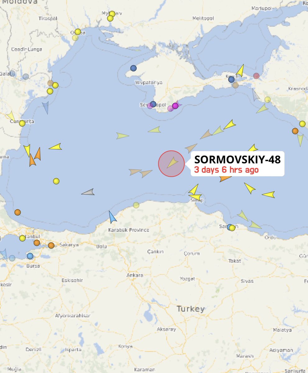 Russische vlag Sormovskiy 48, met 3000 ton maïs uit het bezette Kerch, komt de haven van Karasu binnen zonder AIS. Schip werd 3 dagen geleden donker van tracking met valse bestemming Izmir