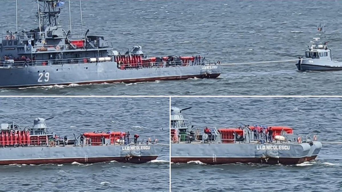 Photos of Romanian coastal minesweeper LT DIMITRIE NICOLESCU after striking a smallish sea mine in the western Black Sea on 8 Sept. Note hull damage right aft.