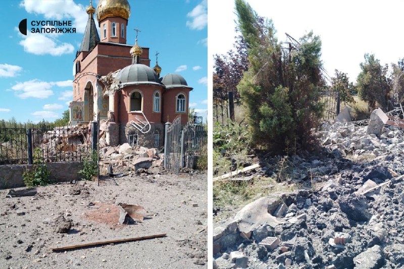 Russische beschietingen verwoestten een kerk in het dorp Temyrivka in de regio Zaporizja