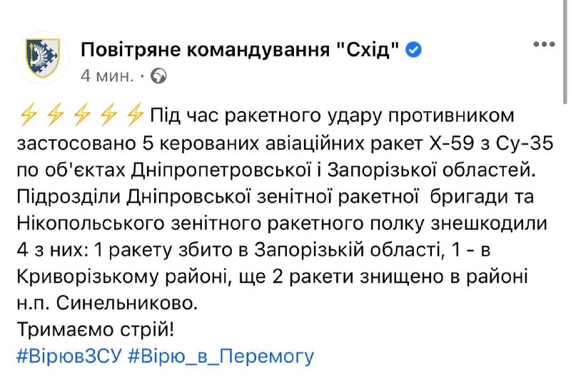乌克兰防空系统击落了俄罗斯 Su-35 喷气式飞机向扎波罗热和第聂伯罗彼得罗夫斯克地区发射的 5 枚 Kh-59 导弹中的 4 枚