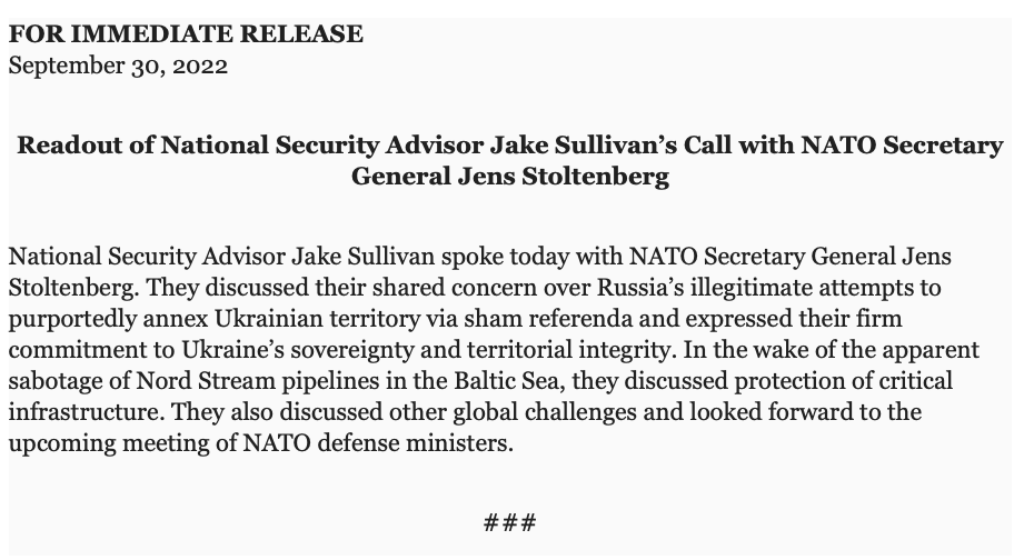 美国国家安全顾问@JakeSullivan46 和@NATO SecGen @jensstoltenberg 就乌克兰问题通话。 他们讨论了他们对俄罗斯企图非法吞并乌克兰领土的共同担忧。保护关键基础设施