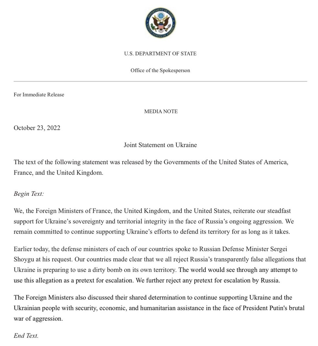 Gemeinsame Erklärung der USA und des Vereinigten Königreichs zum Krieg zwischen der Ukraine und Russland️