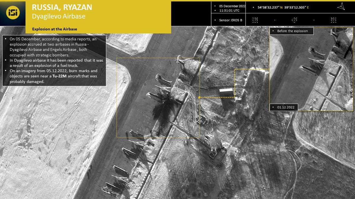 Satellitbilder från @ImageSatIntl som visar efterdyningarna av attacken på den ryska flygbasen Dyagilevo idag. Bilderna visar brännmärken nära en Tu-22M3 bombplan