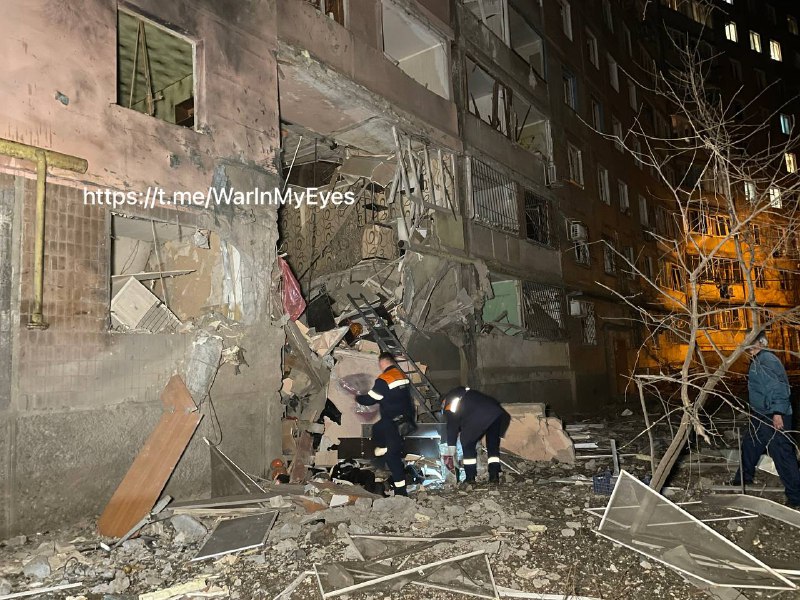 Förstörelse som ett resultat av beskjutning vid Kuybishevsky-distriktet i Donetsk