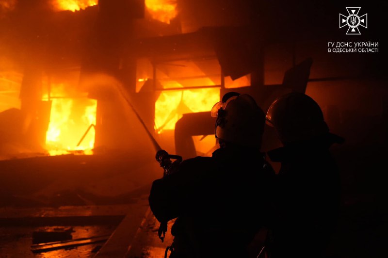 Фото последствий ночного удара по Одесской области. Площадь пожара на продовольственном предприятии после прилета российской ракеты составила 10 000 квадратных метров.