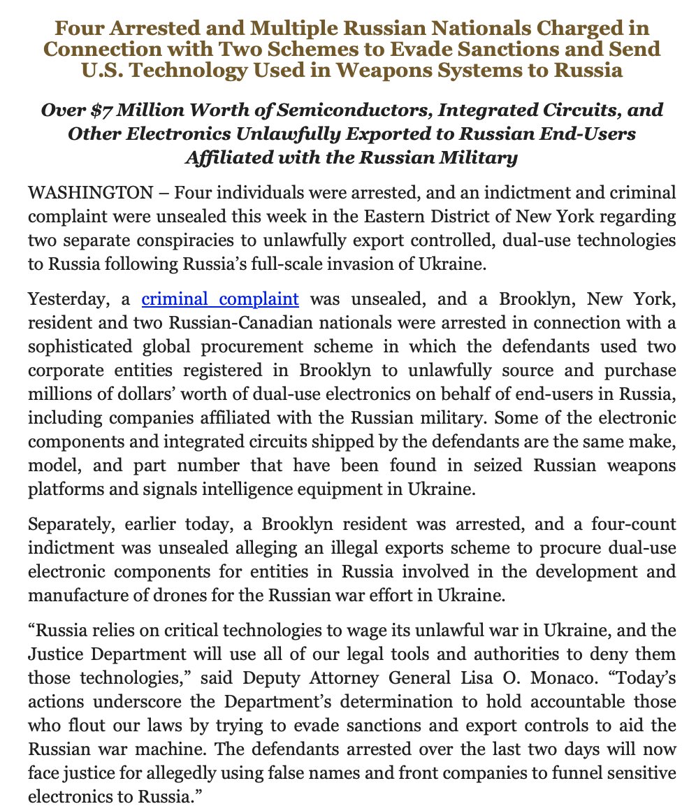 Four men charged with trying to send evade sanctions and send $7 million worth of semiconductors, circuits and more to Russia. Per @TheJusticeDept, some of the seized equipment are the same make, model, and part number found in seized Russian weapons platforms in Ukraine