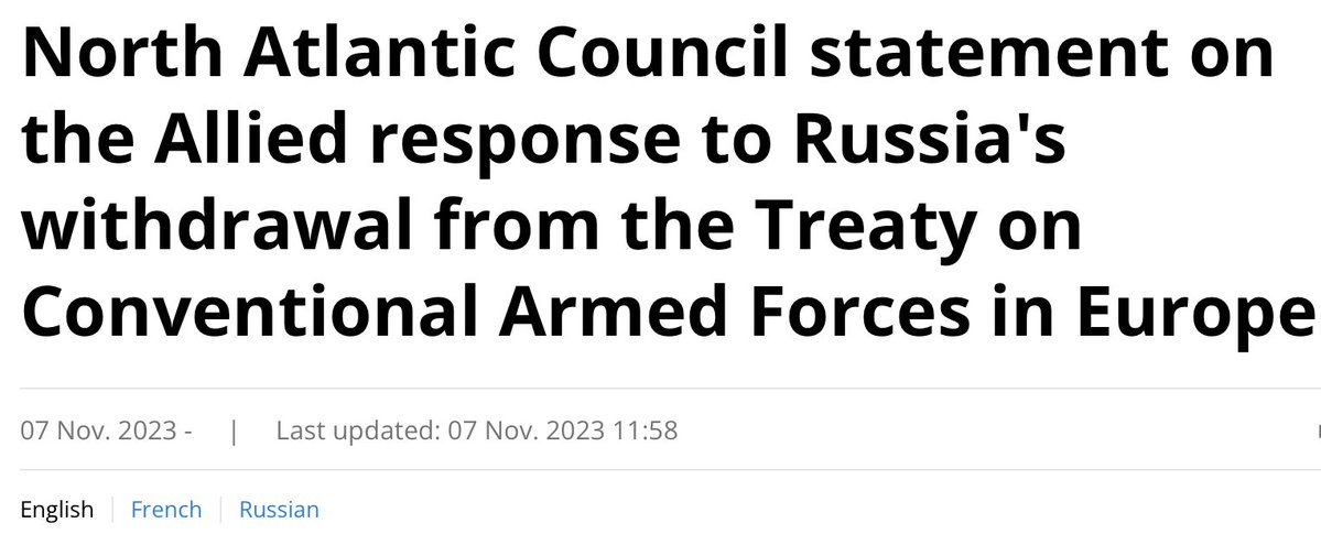 NATO-Mitglieder „beabsichtigen, die Anwendung des KSE-Vertrags im Einklang mit ihren völkerrechtlichen Rechten so lange wie nötig auszusetzen. Dies ist eine Entscheidung, die von allen NATO-Verbündeten voll und ganz unterstützt wird.