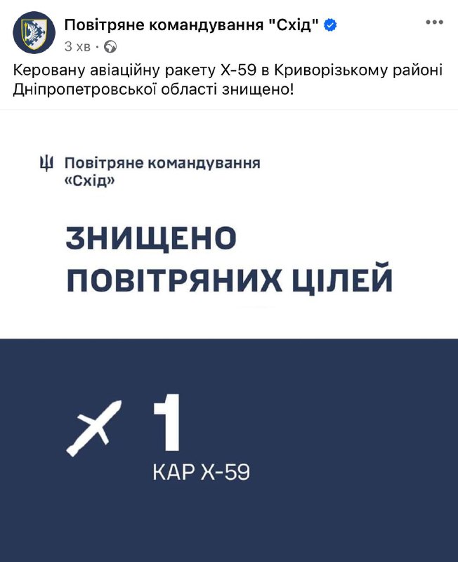 La difesa aerea ucraina ha abbattuto il missile Kh-59 nel distretto di Kryvyi Rih